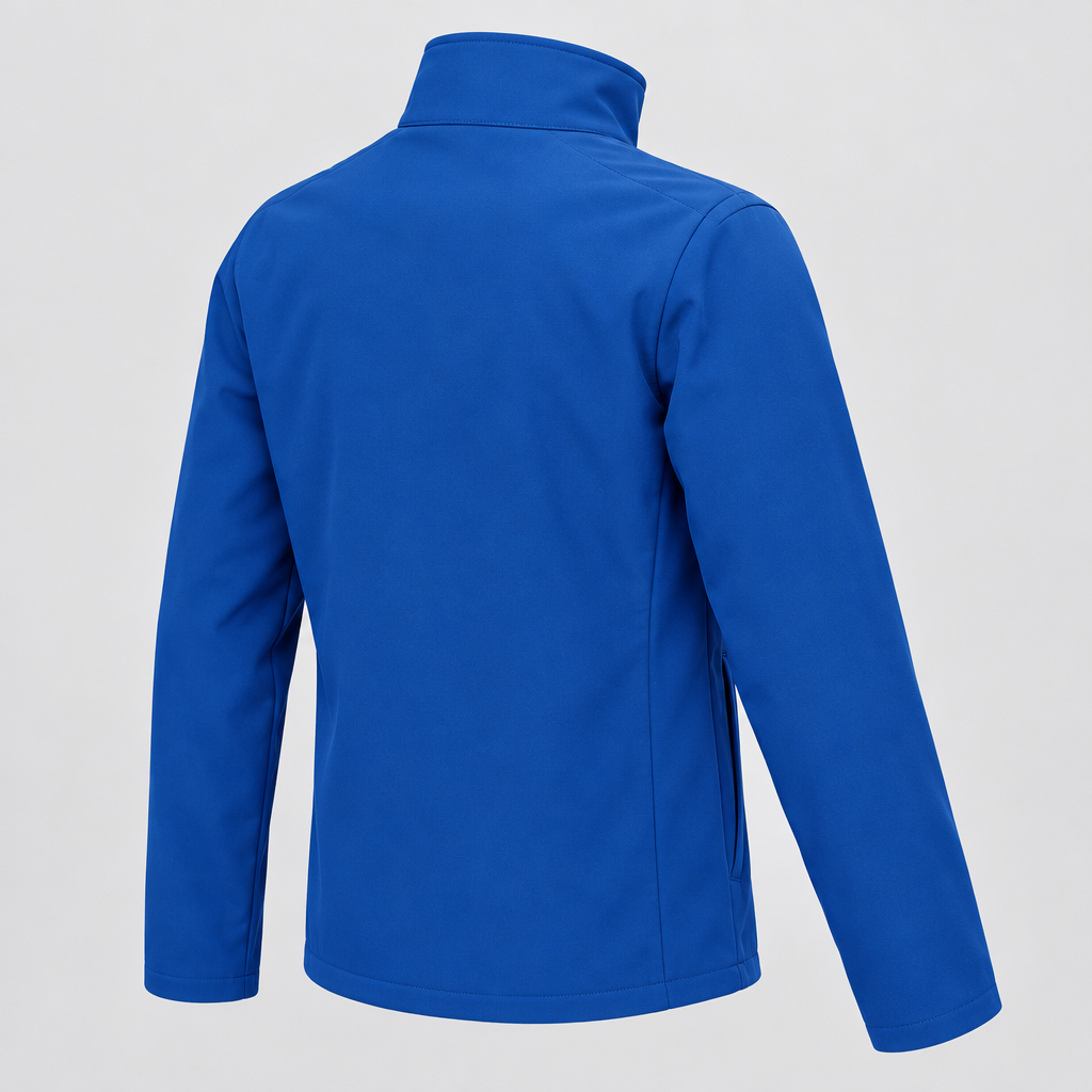AI-generated rear view of a blue shell jacket on a light grey background